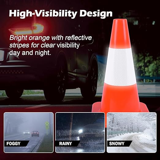 6 Pack 18" Orange PVC Traffic Safety Cones with Reflective Stripes, Black Base Road Cones for Parking Lots, Driveways, School Zones, and Event Crowd Control (Orange, 18 inch -6 Pack)