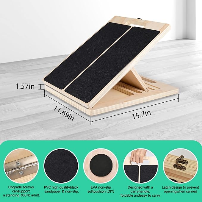 Slant Board for Calf Stretching, 5 Angle Portable Adjustable Calf Wooden Stretch Board with Training Poster, 300lb Weight Capacity for Ankle Heel Feet Leg Knees Physical Therapy Equipment