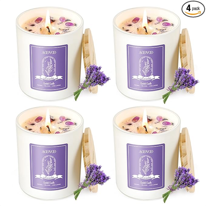 AOOVOO Lavender Candles Set for Women - 4 Pack Candles for Home Scented, Aromatherapy Candle with Crystals Inside, 28 oz 200 Hour Long Lasting, Birthday Gifts Mothers Day Candle for Women Mom