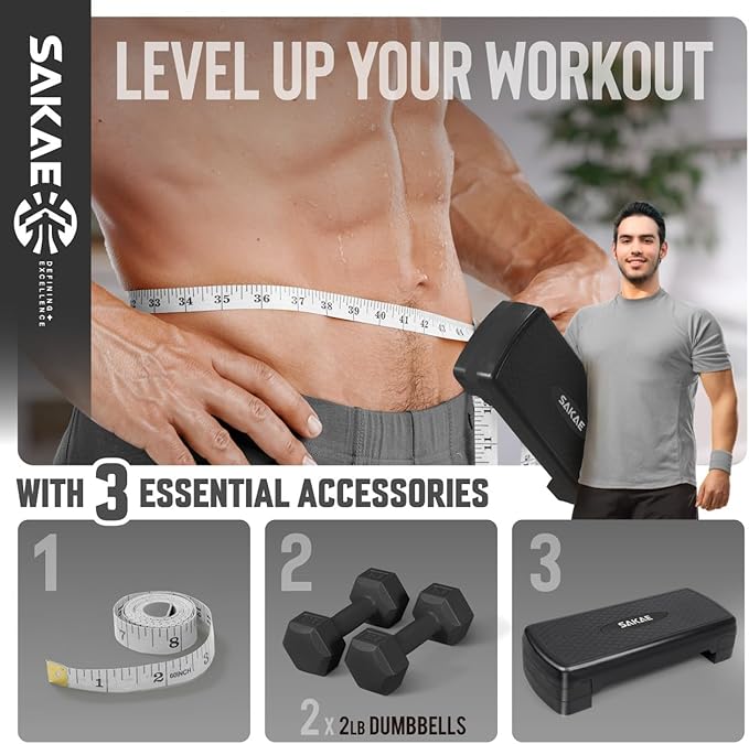 Aerobic Stepper Set with Dumbbells & Measuring Tape, Adjustable Height 2 Level Risers Workout Exercise Step Platform, 4 Colors, the Ultimate Gift for a Joyful Holiday and Merry Christmas