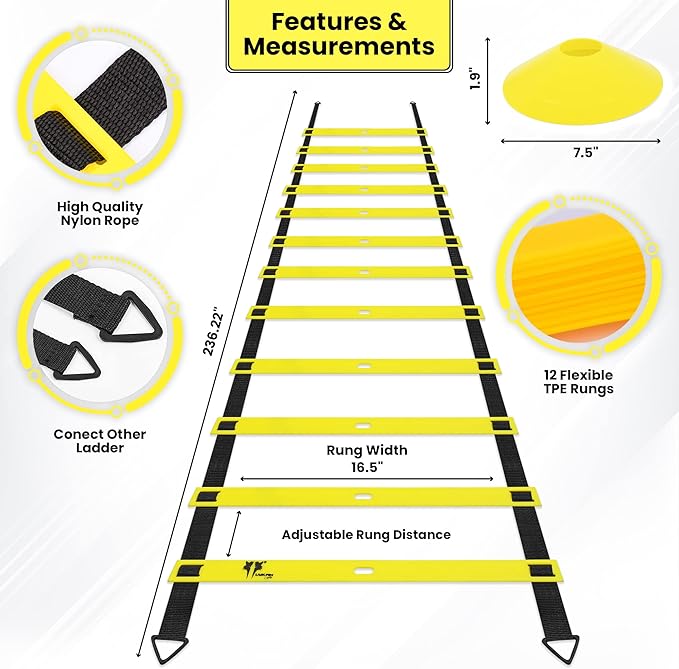 20ft Sports Agility Ladder for Men Women and Kids, Speed Youth Soccer Agility Training Equipment for Football, Exercise, Tennis, Legs Workout with Speed Parachute with, Cones and Carry Bag