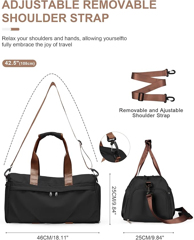 Gym Bag for Women Men with Shoe Compartment, Sport Duffel Bag, Waterproof Travel Weekender Overnight Carry on Bag for Yoga with Trolley Sleeve, Black Brown