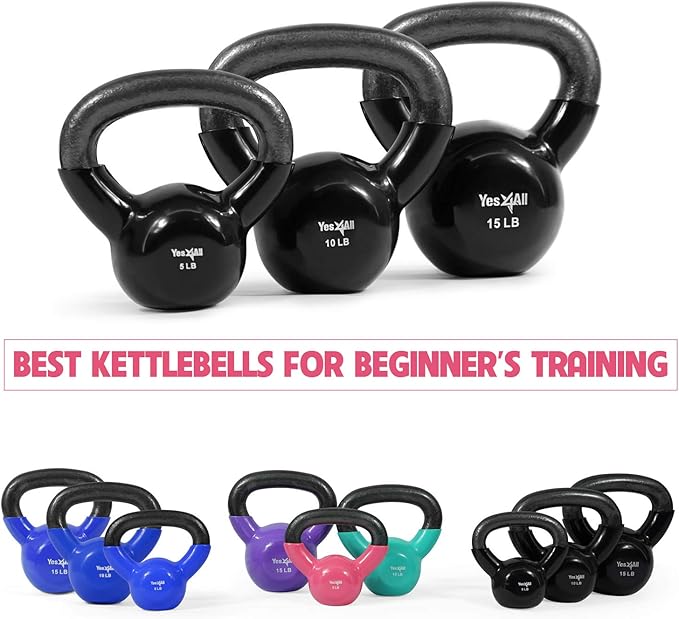 Yes4All Kettlebell, Vinyl Coated Kettlebell Cast Iron Sets with Stable Flat Bottom for Full Body Workout, Push up, Grip Strength Training & Weights Exercises
