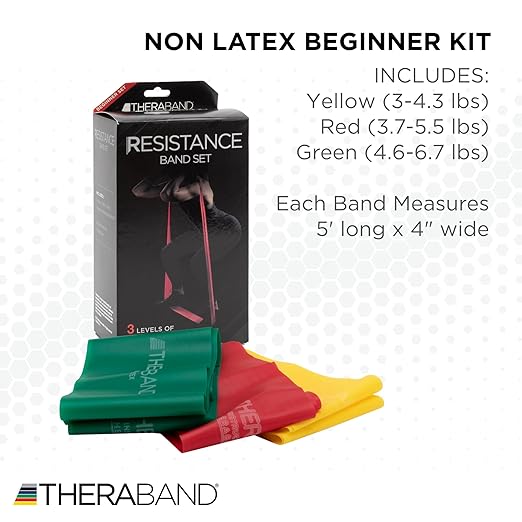 THERABAND Resistance Bands Set, Beginner Kit, Yellow, Red, Green, Non-Latex Elastic Bands for Exercise & Physical Therapy, Strength Training Bands for Upper & Lower Body Fitness