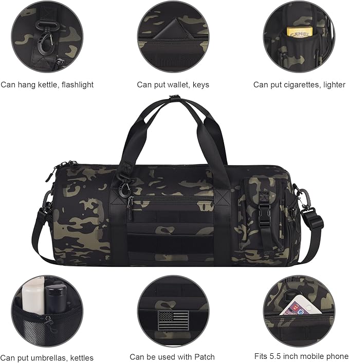 ArcEnCiel Medium Tactical Duffle Bag Men Gym Pack Molle Shoulder Bags Shoes Storage Sports Handbag with Patch(Black Camo)