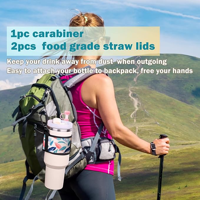 Water Bottle Carrier Holder with Shoulder Strap Water Bottle Handle Strap Sling for Stanley 30&40oz Tumblers with 2pc Straw Covers Toppers for Stanley Cup Accessories (Leaf Print)