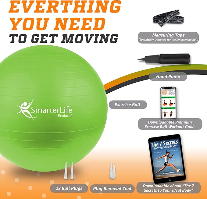 SmarterLife Exercise Ball Yoga Ball for Fitness, Balance, Stability, or Pregnancy, Gym Ball for Core Workout, Physical Therapy, Yoga Ball Chair for Office, Anti-Slip Anti-Burst