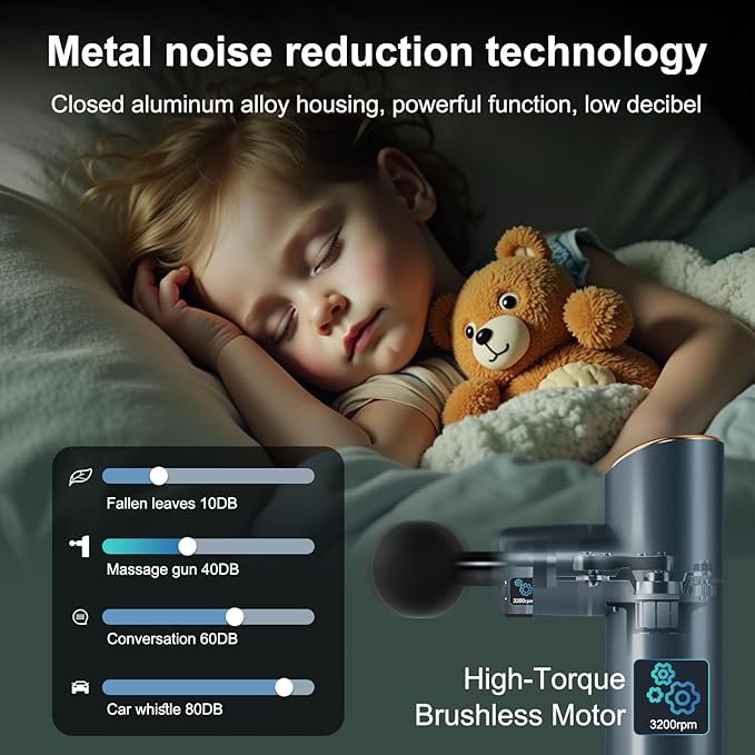 Massage Gun,Deep Tissue Muscle Massager,Brushless Motor Portable Full-Metal Travel,Equipped with 4 Speeds & 8 Massage Heads, Gifts, Home, Athletes, Office (Gray Green)