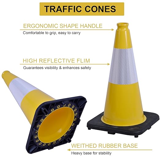 OrangeStar 4-Pack 18" Traffic Cones with Reflective Collar & Weighted Base, Yellow Safety Cones for Driving Practice, Parking Lots, Construction - Flexible PVC for Indoor Outdoor Use
