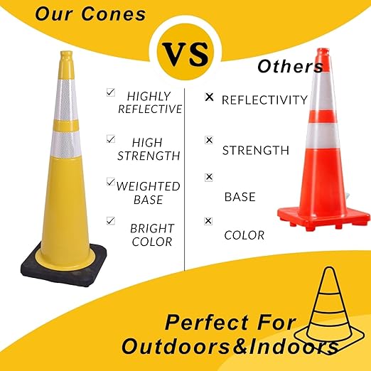 BESEA 4Pack 36” inch Traffic Cones Yellow Road Parking Cones Construction Safety Cone Structurally Stable for Traffic Control(Yellow Color)