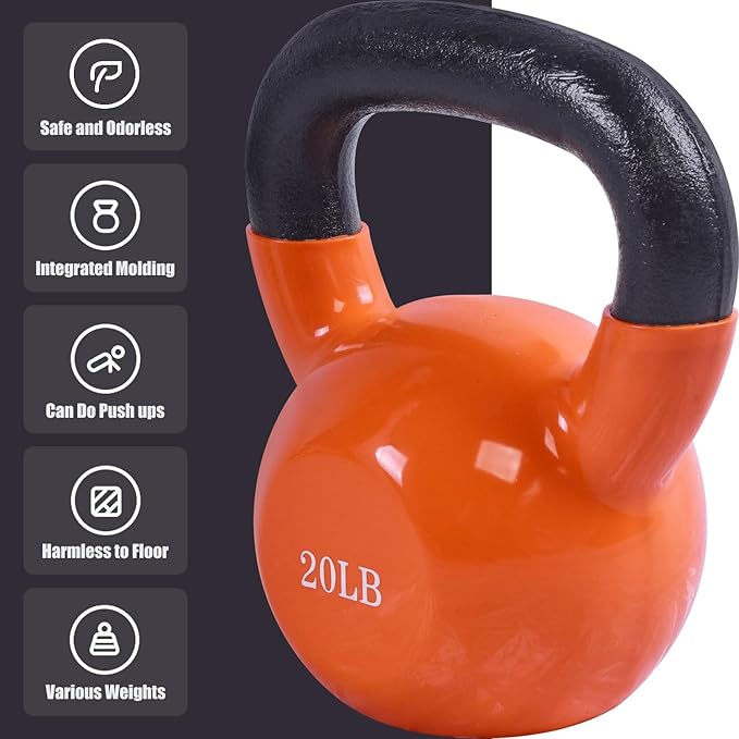 20, 25, 30, 35, 40, 45 Lbs Kettlebell Iron Sand Filled Weights for Women and Men, Orange Kettlebells with Smooth PP Material Surface and Non-slip Handle, Multiple Sizes and Weights