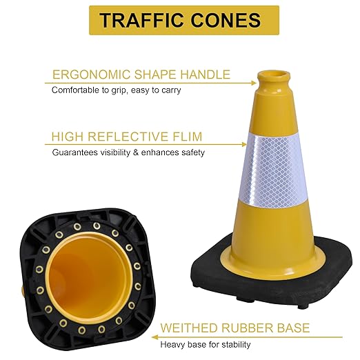 OrangeStar 4-Pack 12" Traffic Cones, Weighted Safety Cones with Reflective Collar for Driving Practice, Sports Training, Parking Lots & Construction, Indoor & Outdoor Use, Yellow