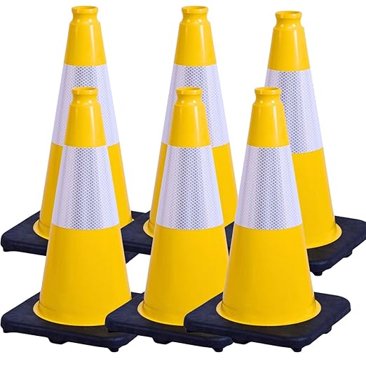 BESEA 6Pack 18 Inch Yellow Traffic Cones with 6 Inch Reflective Collar, Heavy Duty PVC Safety Cones with 10.5 x 10.5 Inch Base for Parking, Driving Practice, Sports Training, and Construction