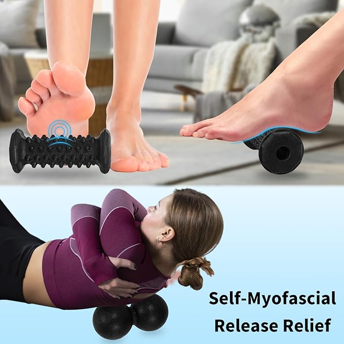 Massage Ball & Foot Roller 5 in 1 Set,Foot Massager Roller-Lacrosse,Peanut,Spiky,Hand Exercise Massage Ball for Plantar Fasciitis Relief and Myofascial Release,Deep Tissue Massage,Reflexology Tool