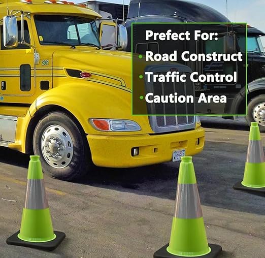 BESEA 18 Inch Fluorescent Green Traffic Cones with 6" Reflective Collar, High Visibility Safety Cones for Road, Parking, Construction, Sports Training (4 Pack)