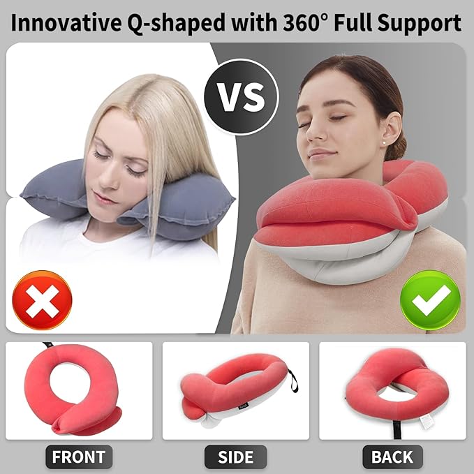 BUYUE Travel Neck Pillows for Airplanes, 360° Head Support Sleep for Long Flight, Skin-Friendly & Breathable, Kit with 3D Contoured Eye Mask, Earplugs and Storage Bag (Adult, Pink, 90+ lbs)
