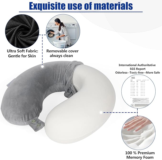 SAIREIDER Travel Pillows for Sleeping Airplane 100% Pure Memory Foam Neck Pillow for Airplanes Washable Cover(Grey)