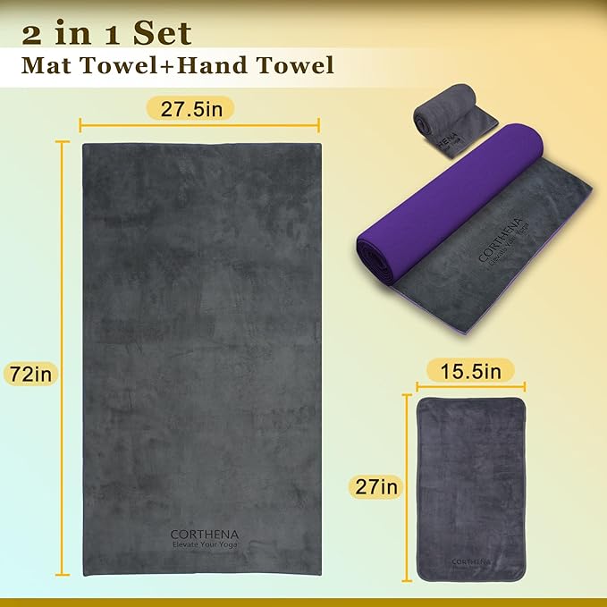 Hot Yoga Towel Set, 600GSM Yoga Mat Towel Extra Thick Dual-Color Microfiber, Soft Non-Slip Sweat Absorbent, 72" x 27.5" with Matching Hand Towel for Hot Yoga, Pilates, Fitness, Grey/Purple