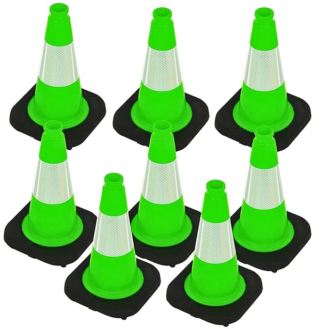 BESEA 12" inch Green Traffic Cones Safety Cones PVC Construction Cones with 4 inch Reflective Collar for Home Driveway Road Parking Use(8 Cones)