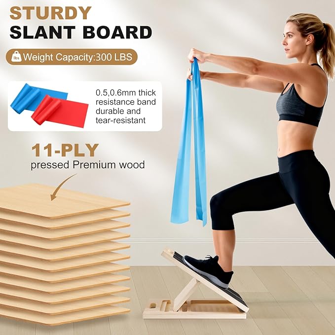 Slant Board for Calf Stretching,Calf Stretcher Adjustable Portable Wooden Foldable,5-Level Incline,2 Resistance Bands,300lb Weight Capacity,for Calf,Achilles,Ankle,Squats,Physical Therapy Exercise