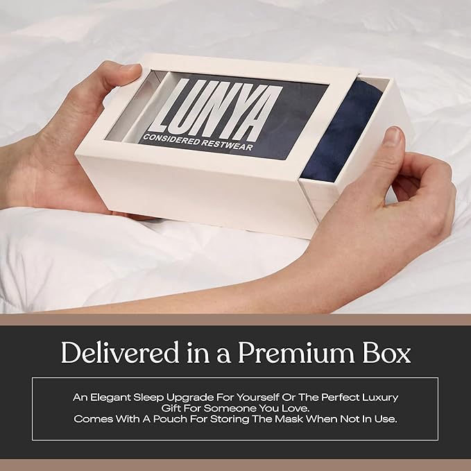 Lunya Sleep Mask with Box - Washable Silk Sleeping Mask and Headband for Beauty Routines - Thermoregulating Comfort for Restful Nights - Silk Eye Mask for Women - Large - Deep Blue