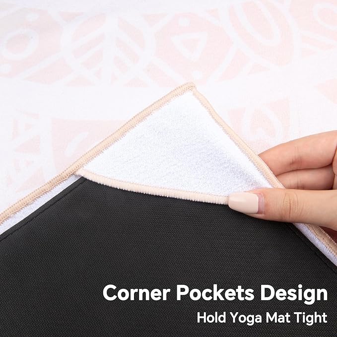 Colorful Star Yoga Towel with Corner Pockets, Non Slip Grip Dots Sweat Absorbent Hot Yoga Mat Towels, Soft Yoga Blankets with Travel Bag, Mat Cover for Workout, Gym, Fitness - 70"x26", Pink Mandala