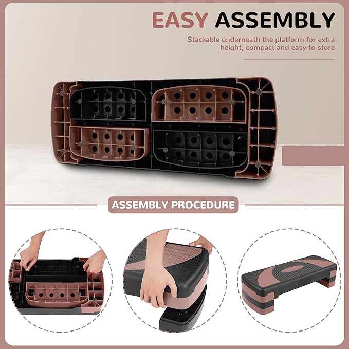 Fitvids Step Aerobic Platform, 31" Exercise Step with 3 levels Adjustable Height, 4 Stackable Risers, Fitness Training Workout Stepper for Home Gym, Cardio Strength, Black & Pink