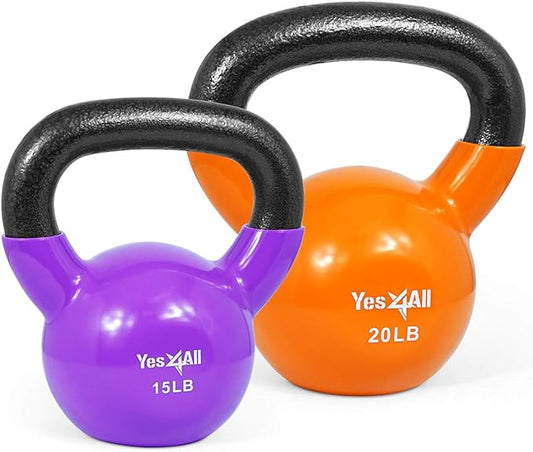 Yes4All Kettlebell, Vinyl Coated Kettlebell Cast Iron Sets with Stable Flat Bottom for Full Body Workout, Push up, Grip Strength Training & Weights Exercises