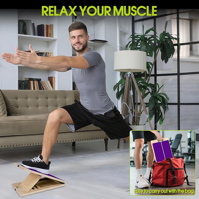 Portable Slant Board for Calf Stretching, 350 Lbs Weight Capacity, Adjustable Wooden Incline Board for Calf Stretcher, Physical Therapy Equipment for Leg, Knees, Heel, Ankle (Purple)