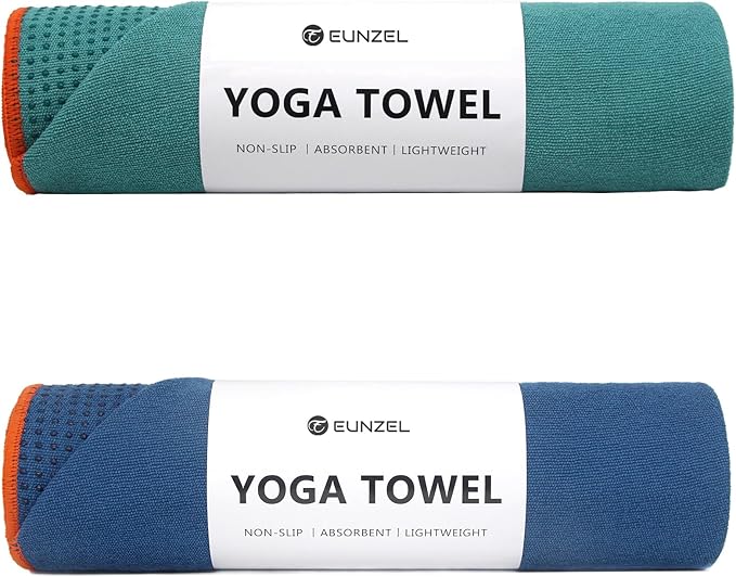 Eunzel 2 Pack Hot Yoga Towel - Microfiber Non Slip Yoga Mat Towel with Grip Dot Sweat Absorbent Towel for Hot Yoga, Pilates and Fitness 72" x 24", Dark Cyan/Steel Blue
