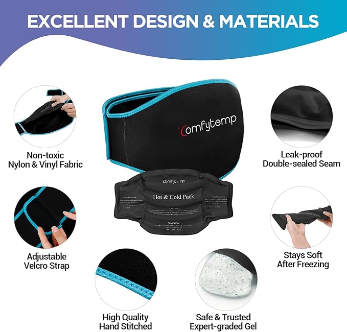 Comfytemp Ice Pack for Back Pain Relief, 2 Packs, Reusable Gel Lower Back Wrap Ice Brace for Sciatica Injuries, Hot Cold Compression for Lower Lumbar, Waist, Men Women Gifts (Black)