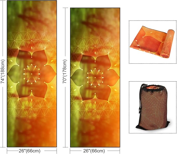 Colorful Star Yoga Towel with Corner Pockets, Non Slip Grip Dots Sweat Absorbent Hot Yoga Mat Towels, Yoga Blankets with Travel Bag, Mat Cover for Workout, Gym, Fitness - 70"x26", Geometric Flower