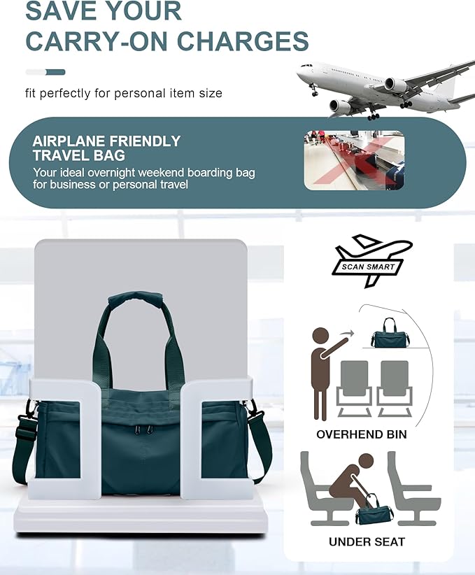 Gym Bag for Women Men, Sport Duffel Bag with Toiletry Bag & Shoe Compartment,Waterproof Travel Weekender Overnight Carry on Bag for Yoga with Trolley Sleeve, Peacock Blue Set