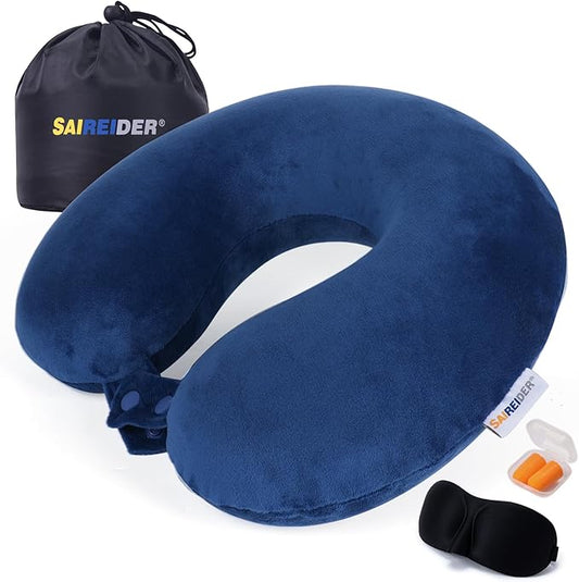 SAIREIDER Travel Pillow 100% Memory Foam Airplanes Neck Pillows -Prevent The Heads from Falling Forward Travel Neck Pillows with Sleep Mask and Earplugs (Navy Blue)