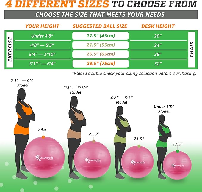 SmarterLife Exercise Ball Yoga Ball for Fitness, Balance, Stability, or Pregnancy, Gym Ball for Core Workout, Physical Therapy, Yoga Ball Chair for Office, Anti-Slip Anti-Burst