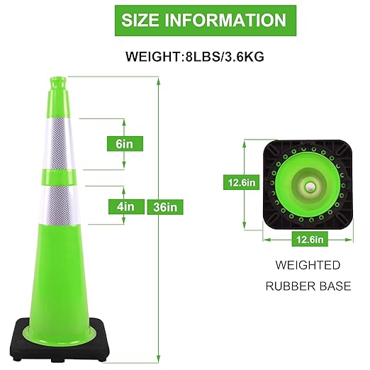 OrangeStar 36" Traffic Cones 8-Pack, Green Safety Cones with Reflective Collars, Heavy Weighted Base for Construction, Parking Lot, Road Work, Flexible PVC, Indoor & Outdoor Use