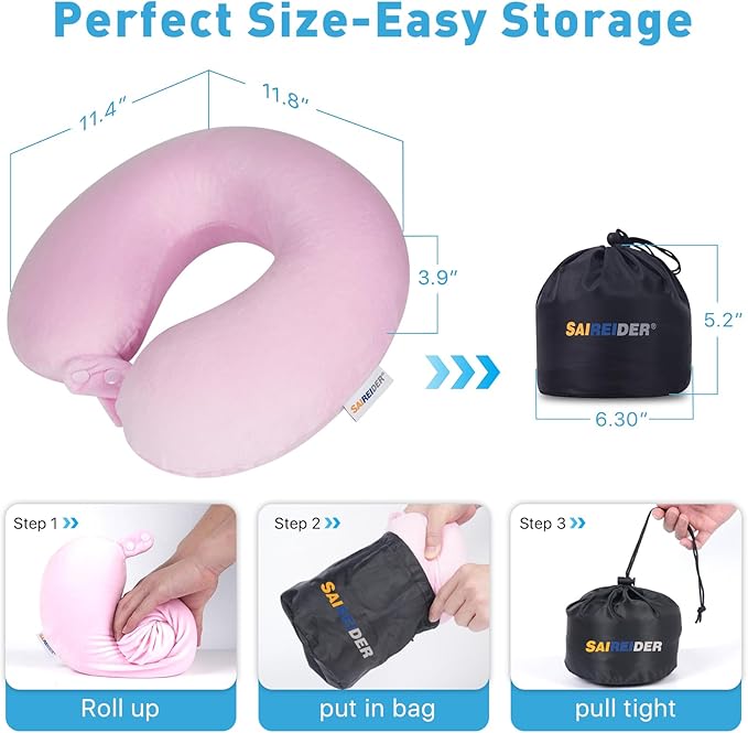SAIREIDER Travel Neck Pillow 100% Memory Foam, Airplane Rest Prevents Head from Falling Forward, Plane Accessories with Storage Bag, Sleep Mask and Earplugs (Pink)