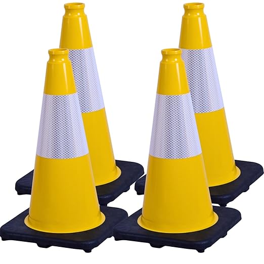 BESEA 4Pack 18 Inch Yellow Traffic Cones with 6 Inch Reflective Collar, Heavy Duty PVC Safety Cones with 10.5 x 10.5 Inch Base for Parking, Driving Practice, Sports Training, and Construction