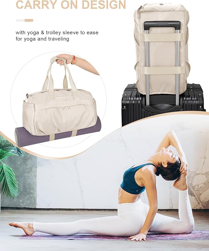 Gym Bag for Women Men, Sport Duffel Bag with Toiletry Bag & Shoe Compartment,Waterproof Travel Weekender Overnight Carry on Bag for Yoga with Trolley Sleeve, Beige Set