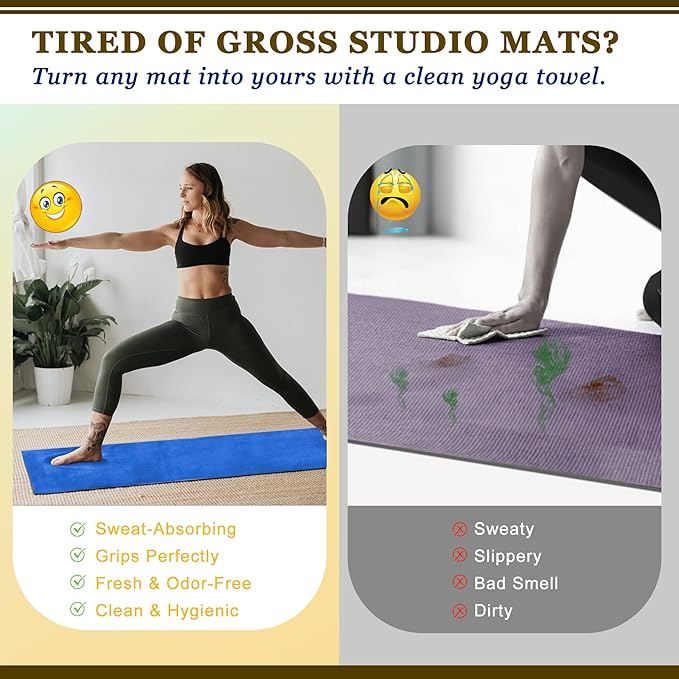 Hot Yoga Towel Set, 600GSM Yoga Mat Towel Extra Thick Dual-Color Microfiber, Soft Non-Slip Sweat Absorbent, 72" x 27.5" with Matching Hand Towel for Hot Yoga, Pilates, Fitness, Grey/Blue