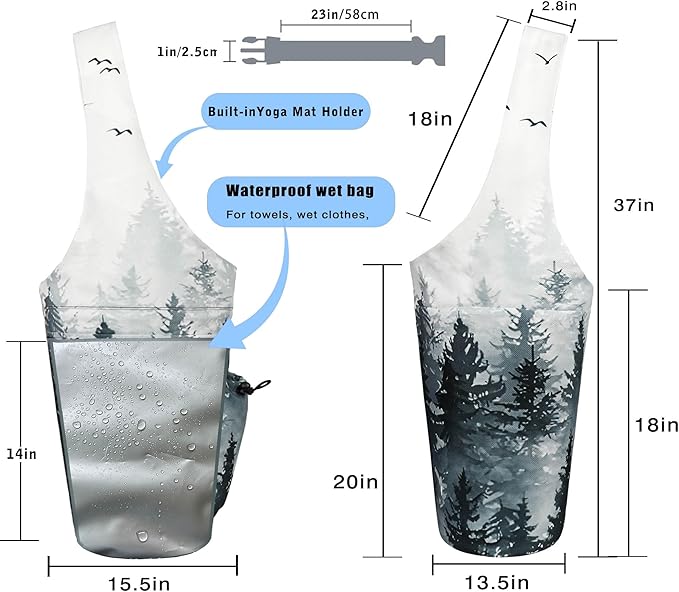 Yoga Mat Bag - Large Opening Long Tote Yoga Mat Carrier Holder Bag with Waterproof Wet Zipper Pocket and Drawstring Water Bottle Pocket - Yoga Bag Fit Most Size Mats