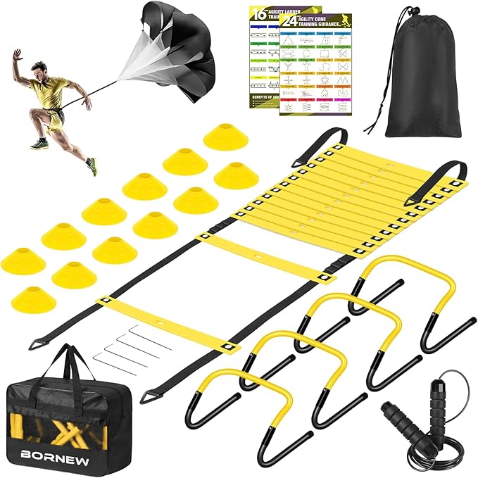 Agility Ladder, Soccer Speed Training Equipment, Football Practise Set with 20ft Ladder, 12 Cones, 4 Adjustable Hurdles, Jump Rope, Parachute, for Basketball, Football, Kids, Youth, Adults