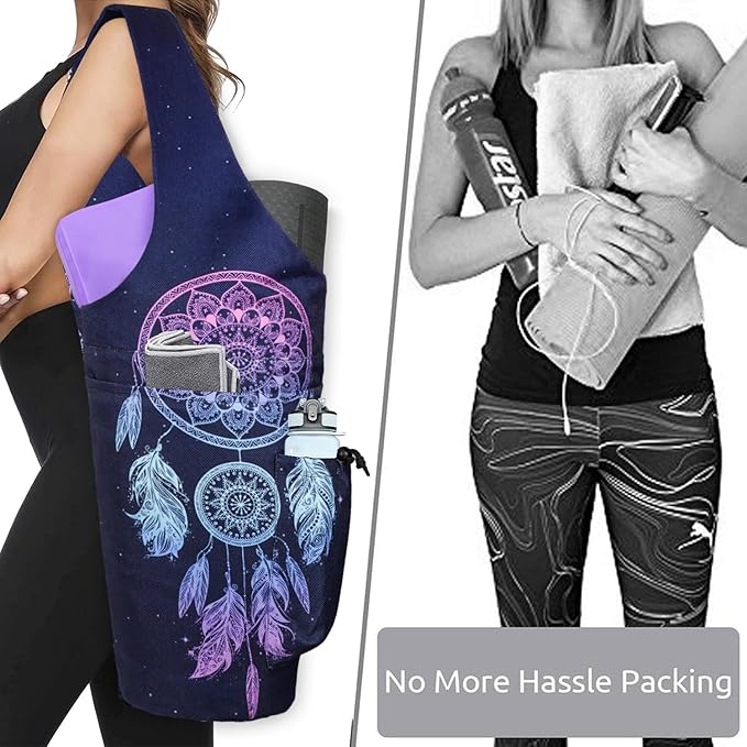 Yoga Mat Bag - Large Opening Long Tote Yoga Mat Carrier Holder Bag with Waterproof Wet Zipper Pocket and Drawstring Water Bottle Pocket - Yoga Bag Fit Most Size Mats