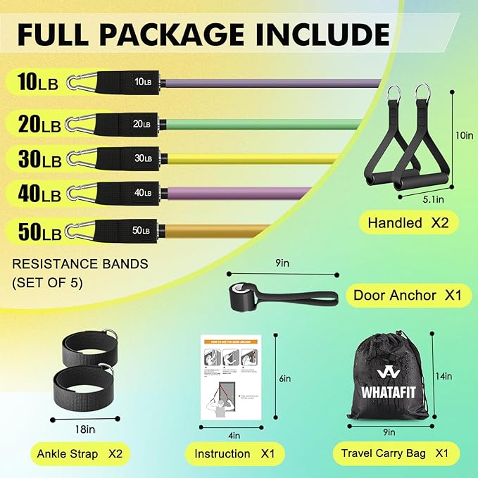 WHATAFIT Resistance Bands, Exercise Bands，Resistance Bands for Working Out, Work Out Bands with Handles for Men and Women Fitness, Strength Training Home Gym Equipment