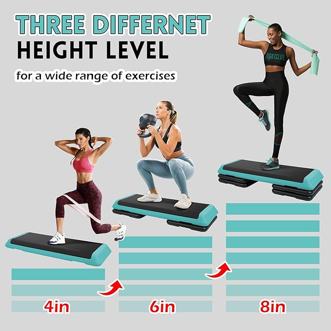 Fitvids Step Aerobic Platform, Exercise Step with 5 levels Adjustable Height, 4 Stackable Risers, Fitness Training Workout Stepper for Home Gym, Cardio Strength, Multiple Options
