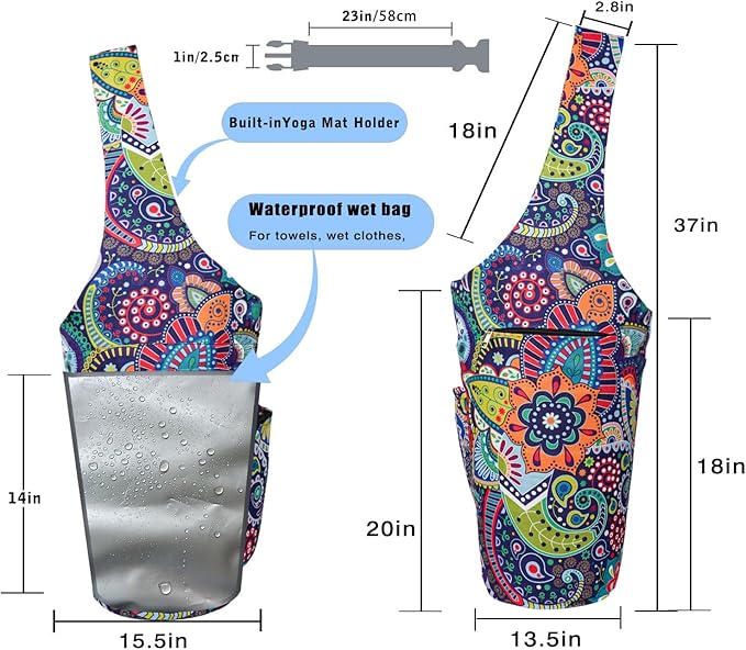 Yoga Mat Bag - Large Opening Long Tote Yoga Mat Carrier Holder Bag with Waterproof Wet Zipper Pocket and Drawstring Water Bottle Pocket - Yoga Bag Fit Most Size Mats