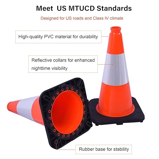 OrangeStar 4-Pack 18" Traffic Cones with Weighted Rubber Base, 6" Reflective Collar, Orange Safety Cones for Parking Lot, Road Construction, Warehouse, Highway, Weatherproof PVC