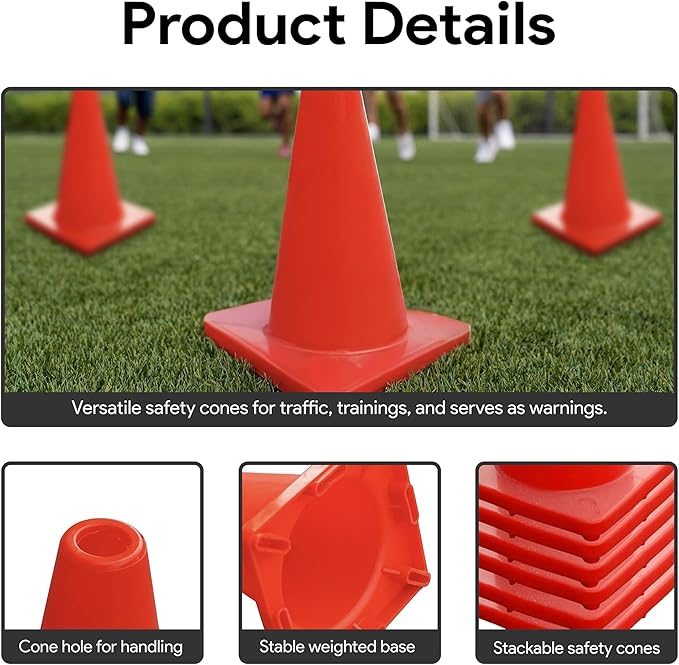 6in/9in/12in/28in Heavy Duty Agility Training Cones for Sports & Kids Coaching, Field Markers for Motorcycle, Bikes, Traffic, Basketball, Soccer Drills, Durable, Multipurpose, Adjustable
