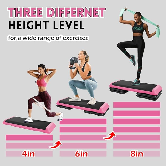 Fitvids Step Aerobic Platform, Exercise Step with 5 levels Adjustable Height, 4 Stackable Risers, Fitness Training Workout Stepper for Home Gym, Cardio Strength, Multiple Options