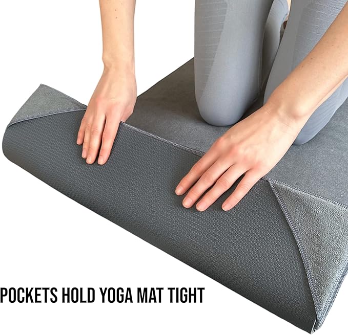 Non Slip Yoga Towel with Corner Pockets, Mat-Sized 24"x72", 100% Microfiber Sweat Absorbent, Perfect for Hot Yoga, Bikram, Pilates and More (Grey)
